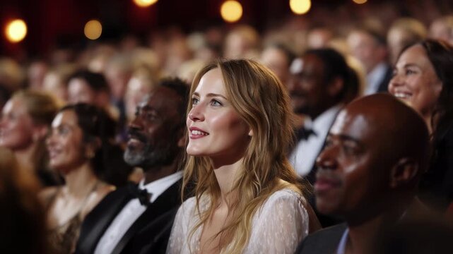 Elegant woman with a genuine smile sitting in a crowded theater audience, captivated by a live performance on stage during a gala event, festival, or award ceremony with a blurred background