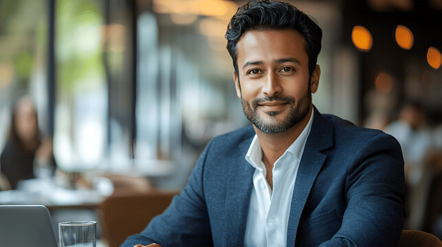 Confident man in a suit smiling at a cafe table with modern decor and warm ambiance