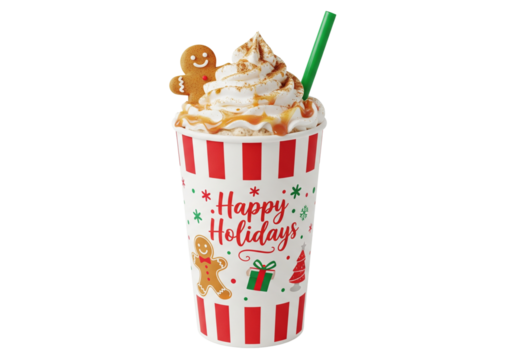 Festive Gingerbread Holiday Frappe with Whipped Cream and Caramel Drizzle in a 'Happy Holidays' Cup, Isolated on White for Christmas Season