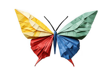 Illustration of colorful origami butterfly isolated on transparent background, a symbol of transformation and beauty, perfect for art and craft projects