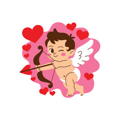 Cartoon cupid character with bow and arrow surrounded by red hearts and pink cloud shapes baby angel.