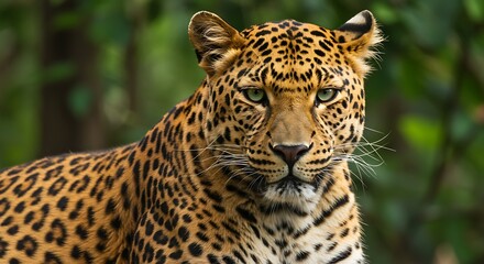 Naklejka premium Majestic Leopard Portrait - Intense Gaze in Lush Greenery.