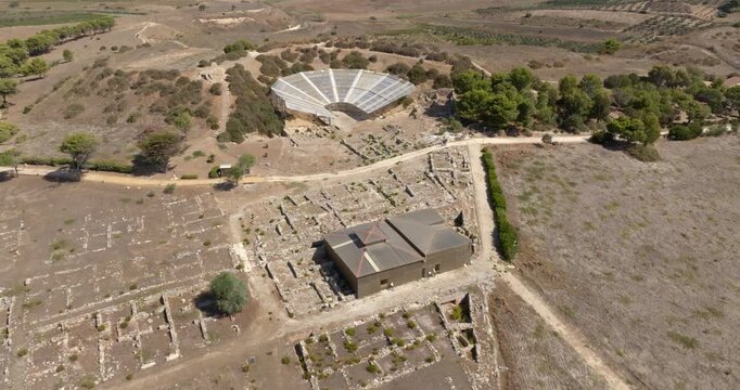 Aerial view of the ruins of the theater of Eraclea Minoa. It's a Greek theater of the ancient city located in the archaeological area of ​​Cattolica Eraclea, in province of Agrigento, Sicily, Italy.