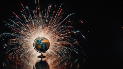 Globe surrounded by colorful light bursts against a dark background.