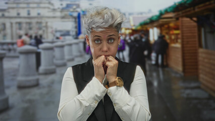 Woman biting fingers with trembling hands in street market aisle wearing wooden watch near souvenir...