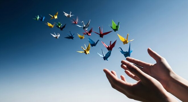 Hands releasing a vibrant flock of meticulously folded origami cranes soaring into the boundless blue sky, symbolizing hope, freedom, and the release of cherished dreams and aspirations