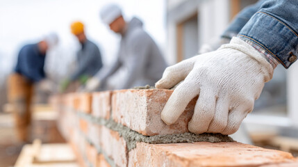 Skilled workers laying bricks at a construction site, showcasing craftsmanship and teamwork during daytime work hours