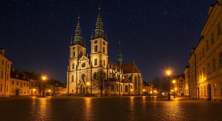Illuminated Cathedral Square at Night with Historic Architecture.