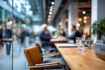 Business discussion taking place in a modern office with glass walls and natural light in the background