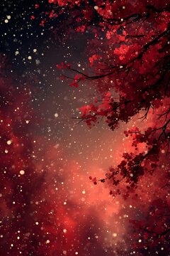 Celestial Bloom: Witness the sublime dance of nature as vibrant crimson leaves frame a night sky veiled in a soft, ethereal glow. The image, alive with points of light.