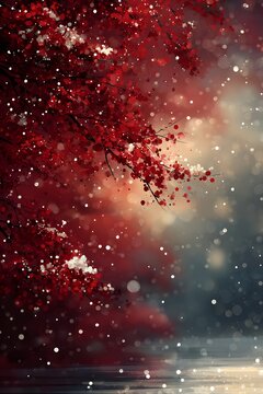 Crimson Snowfall: A tranquil scene where a tree adorned with vibrant crimson leaves is gently dusted with snowflakes, creating a mesmerizing blend of colors and textures
