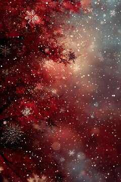 Winter's Crimson Embrace: A festive scene where snowflakes cascade amidst crimson leaves, evoking a sense of wonder and warmth.