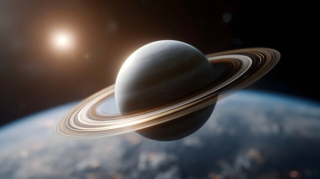 A radiant ringed planet shines brightly in the vast expanse of space illuminated by a distant sun
