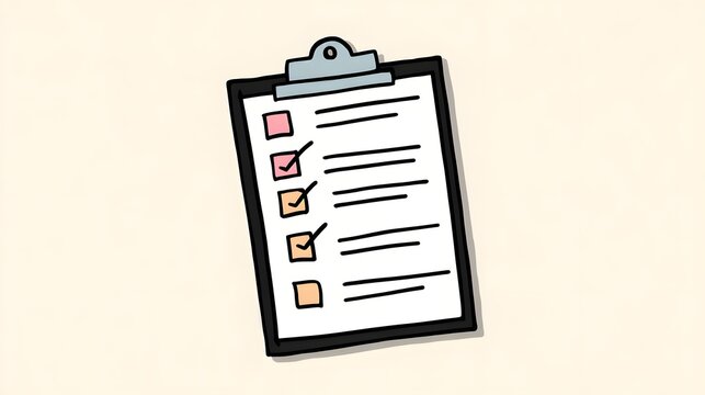 Hand drawn checklist document displayed on a clipboard shows several completed items