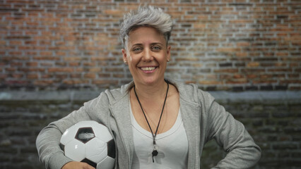 Woman coach holding soccer ball under arm while smiling at brick building with whistle around neck; teamwork spirit confidence.
