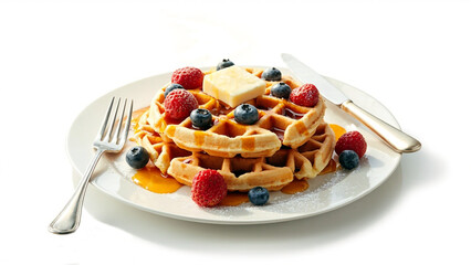 Golden Waffle Stack Topped with Fresh Berries and Maple Syrup