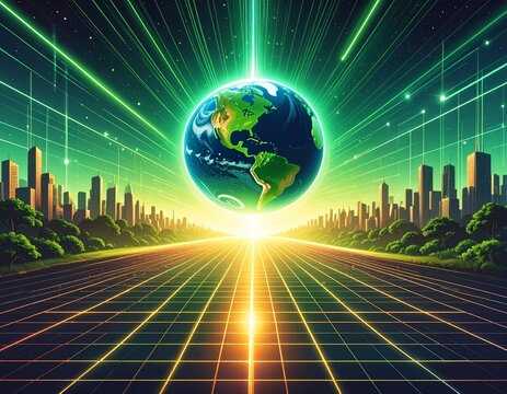 Digital Futuristic Earth Cityscape with Neon Grids and Green Energy Beams