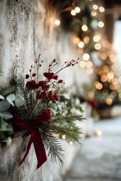 Festive Floral Embellishments: A captivating close-up reveals a sophisticated arrangement of vibrant berries, delicate evergreens, and a rich red ribbon, elegantly adorning a rustic surface.