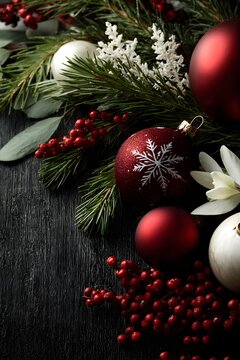 Festive Holiday Ornament Display: A close-up view presents a curated selection of holiday ornaments, berries, and evergreen sprigs. The scene exudes warmth and celebratory joy.