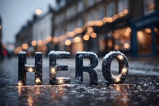 Heroic winter streetscape: HERO lights illuminate a snow-covered street, capturing a warm feeling of light amidst a winter scene