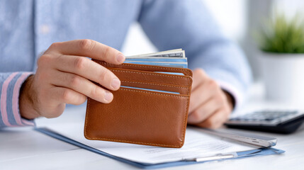 Individual checking wallet with cash and cards on desk during financial planning session in bright workspace