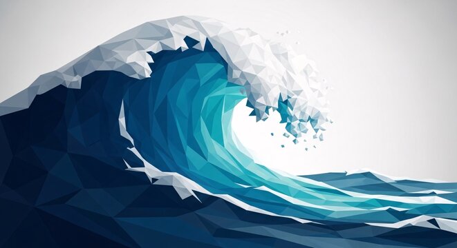 Dynamic low-poly ocean wave illustration showcasing intricate geometric facets and vibrant blue hues, capturing majestic force and fluid motion of the sea