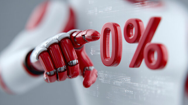 Robot hand pointing at zero percent statistic during digital analysis in a modern setting