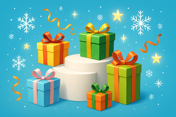 Celebrate the holidays with vibrant festive gift boxes and sparkling stars
