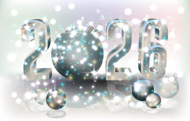 2026 silver new year invitation card with xmas balls, vector illustration