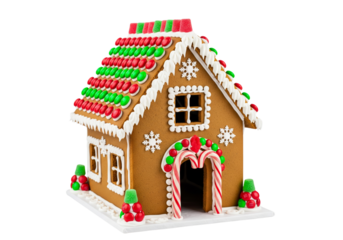 Festively Decorated Gingerbread House Isolated on White - Classic Christmas and Holiday Sweet Treat