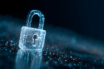 Digital padlock icon, cyber security network and data protection technology on virtual interface screen. Online internet authorized access against cyber attack.and business data privacy concept.