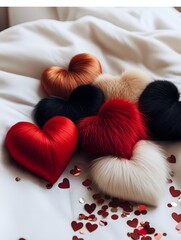 Colorful heart-shaped decorations on white bedding with confetti  