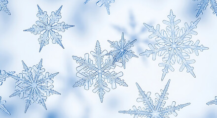 Close up of multiple intricate blue snowflakes on a light blue background