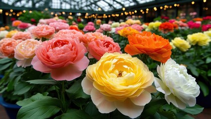 Vibrant, colorful roses in full bloom, showcasing a variety of colors and textures, creating a stunning floral display