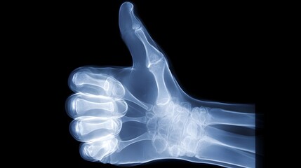 Radiograph image displays human hand making a positive gesture against a dark background