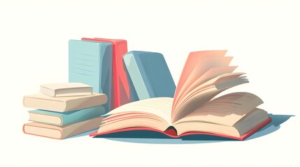 Collection of colorful literature volumes displayed with one open book fluttering its pages