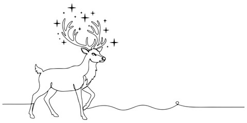 Continuous one line drawing of a reindeer with antlers, representing the magical power of Christmas, line art style vector illustration.