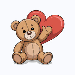 Cute cartoon teddy bear sitting with a large red heart and waving its paw stuffed animal vector illustration.