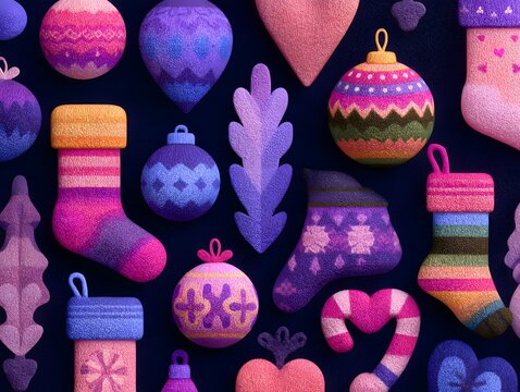 Festive Christmas Decorations: An array of vibrant and intricately designed holiday ornaments, stockings, and candies arranged against a backdrop.