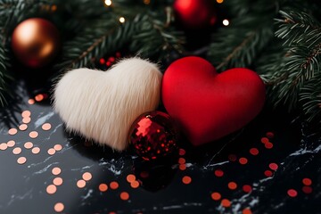 Red and white heart decorations on dark surface with Christmas ornaments  