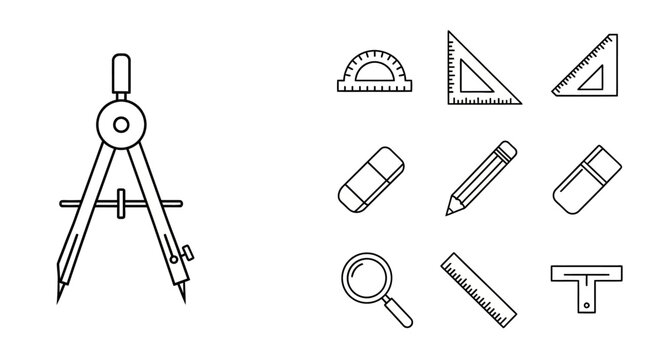 Line art illustration of various drafting tools and school supplies