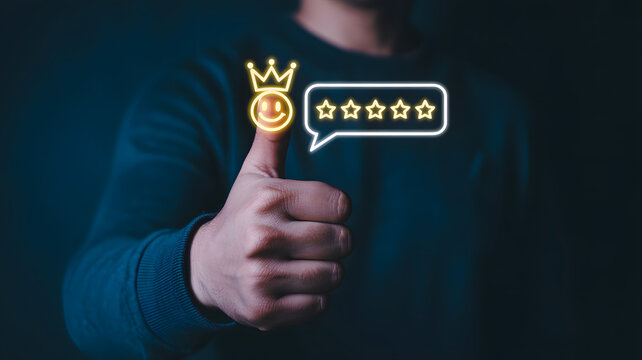 Get top reviews with a smile, man giving thumbs up for excellent rating and feedback, boost your business reputation with positive customer experience now