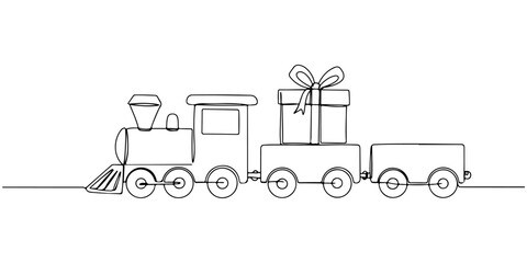 Continuous one line drawing of a toy train with small gifts on top, representing children's joy, line art style vector illustration. © Haus