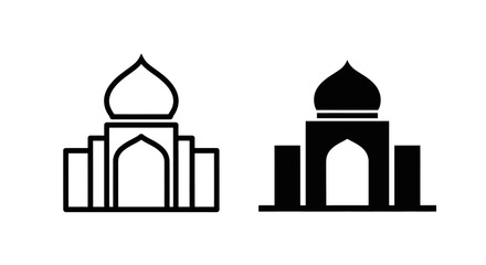Simple black and white illustrations depicting a building with domes