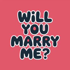 Dark blue bubble letters asking will you marry me with white outline on pink background proposal marriage vector illustration.