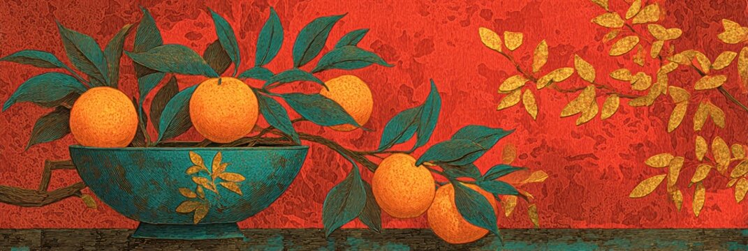 chinese new year banner, a tranquil and inviting web banner featuring a close-up of a bowl overflowing with ripe tangerines and oranges, adorned with red envelopes and gold leaf accents the warm