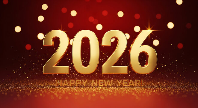 Golden 2026 Happy New Year text with bokeh lights image