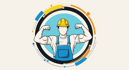 Strong construction worker flexing muscles with safety helmet and overalls. This image symbolizes strength hard work and dedication in the building industry.