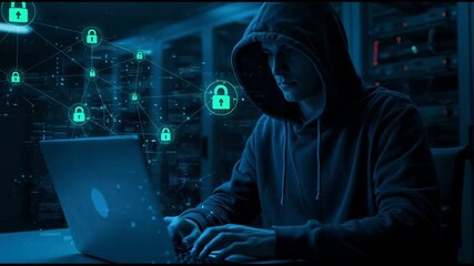 Hacker in hoodie using laptop with digital security network and padlock icons in a server room, symbolizing cybersecurity and data protection. - Powered by Adobe