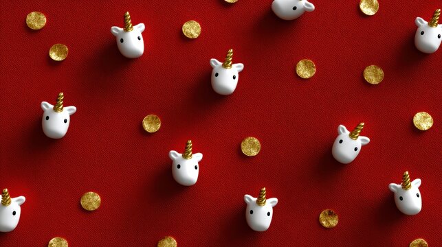 chinese new year design, festive red background with playful cartoon horse heads, gold coins, and red lanterns creates a cheerful year of the fire horse pattern - Powered by Adobe